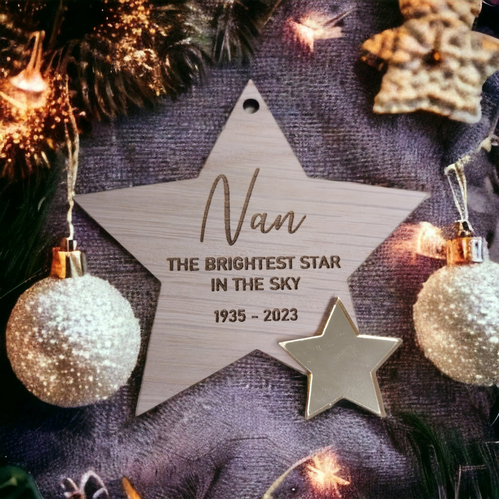 Oak Veneer Brightest Star In The Sky Memorial Christmas Bauble.