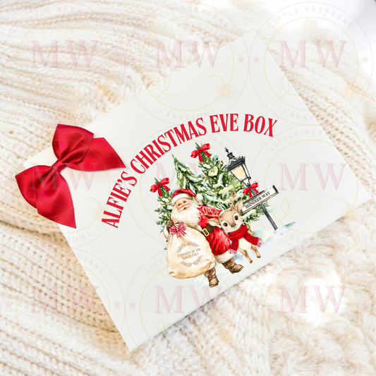 Christmas Eve Magnetic White Gift Box - Santa and his reindeer.