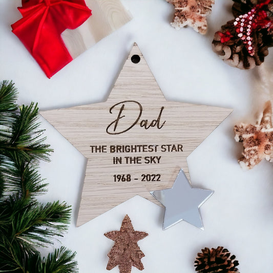 Oak Veneer Brightest Star In The Sky Memorial Christmas Bauble.